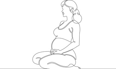 Continuous single line drawing pregnant woman sitting.Beautiful pregnant girl meditating.Yoga for pregnant women.Linear.One continuous line isolated minimalist illustration. Not AI.