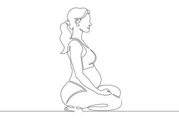 Continuous single line drawing pregnant woman sitting.Beautiful pregnant girl meditating.Yoga for pregnant women.Linear.One continuous line isolated minimalist illustration. Not AI.