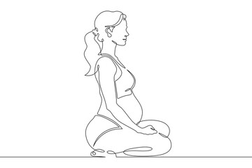 Fototapeta premium Continuous single line drawing pregnant woman sitting.Beautiful pregnant girl meditating.Yoga for pregnant women.Linear.One continuous line isolated minimalist illustration. Not AI.