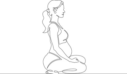 Continuous single line drawing pregnant woman sitting.Beautiful pregnant girl meditating.Yoga for pregnant women.Linear.One continuous line isolated minimalist illustration. Not AI.
