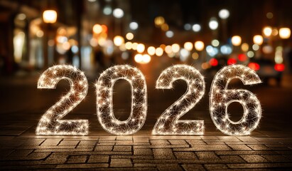 Numbers 2026 made of glowing light standing on street at night for new year concept celebration and urban atmosphere.