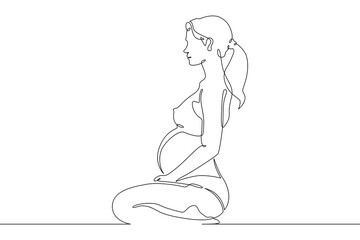 Continuous single line drawing pregnant woman sitting.Beautiful pregnant girl meditating.Yoga for pregnant women.Linear.One continuous line isolated minimalist illustration. Not AI.