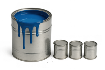 Blue paint dripping from metal can with small closed tins, representing home improvement and diy projects
