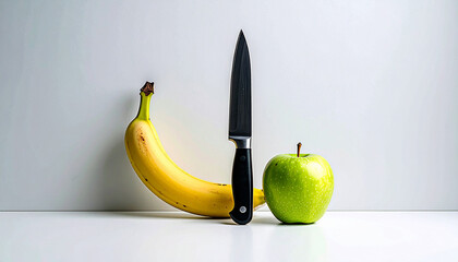 Still life illustration of an apple, banana, and knife, combining simple forms with subtle tension. Ideal for food concepts, editorial use, symbolic themes, and modern graphic design projects.