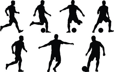 Soccer player silhouette collection showing running, kicking, dribbling and ball control poses for sports training, athletic action illustration and football design projects