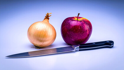 Still life illustration featuring an onion, an apple, and a knife, combining everyday kitchen objects with subtle tension. Perfect for food concepts, editorial use, and modern design projects.