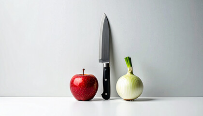 Still life illustration featuring an onion, an apple, and a knife, combining everyday kitchen objects with subtle tension. Perfect for food concepts, editorial use, and modern design projects.