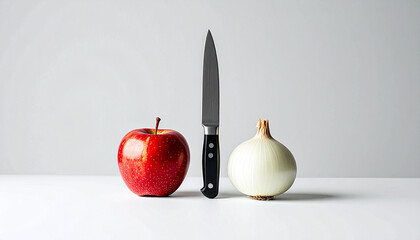 Still life illustration featuring an onion, an apple, and a knife, combining everyday kitchen objects with subtle tension. Perfect for food concepts, editorial use, and modern design projects.