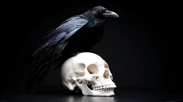 A black bird perches on a white skull, contrasting darkness with death in stark detail