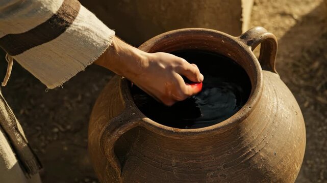 Man performing a miracle, changing water into wine from a large clay jug. Biblical story of ancient times.