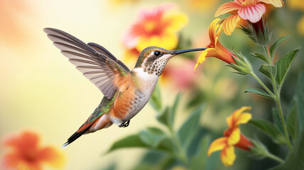 Fototapeta premium A close-up photograph of a hummingbird in mid-flight, captured in sharp detail against a soft, blurred background.
