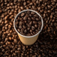 Fototapeta premium A disposable paper coffee cup is surrounded by a large amount of roasted coffee beans, with some beans piled on top of the cup