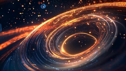 Abstract neon swirl of concentric circular light rings in blue and orange, representing futuristic technology, data visualization, energy flow, and dynamic digital motion - Powered by Adobe