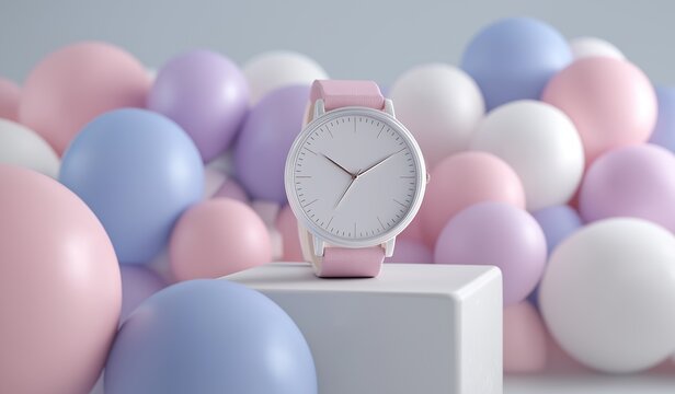 Exquisite pink watch on white box surrounded by pastel blue and purple balloons for elegant gift presentation concept.