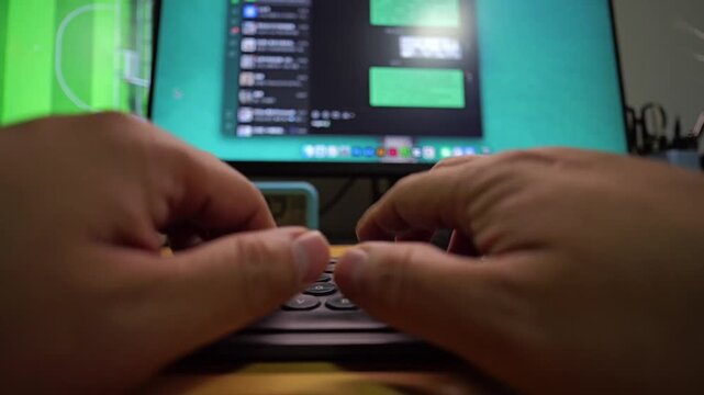 A person's hands are typing on a laptop keyboard, engaged in a chat conversation displayed on the blurred computer screen.