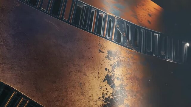 Close up of vintage film strip edges resting on a warm textured gold surface, creating a nostalgic cinematic composition for creative projects, entertainment and production design. - Powered by Adobe