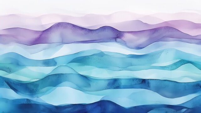 Abstract watercolor landscape with layered pastel hills in shades of blue and lavender, soft gradients and delicate textures creating a calm, modern backdrop for design projects.