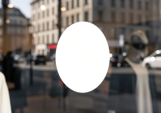 Window round decal sticker mockup on glass shop front for store sale promotion branding and business hours logo signage