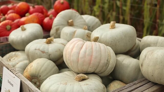 Close-up and medium shots of beautiful white heirloom pumpkins neatly arranged in a large rustic wooden crate at a local farmers market during fall season. Perfect autumn atmosphere for Thanksgiving