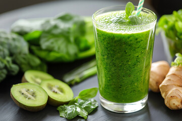A healthy, vibrant green smoothie in a glass, next to fresh ingredients, clean eating
