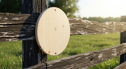 Wooden round sign mockup nailed to old rustic timber fence for farm product branding and countryside eco style logo presentation