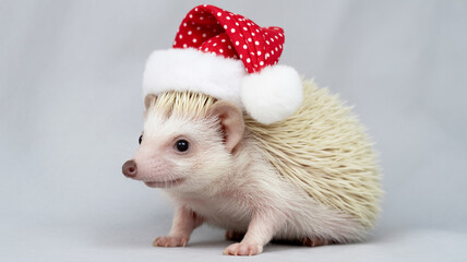 A close-up photograph of an albino hedgehog wearing a red and white polka dot Santa hat with fluffy white trim.