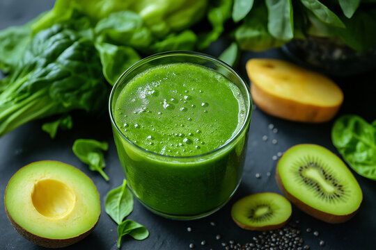 A healthy, vibrant green smoothie in a glass, next to fresh ingredients, clean eating