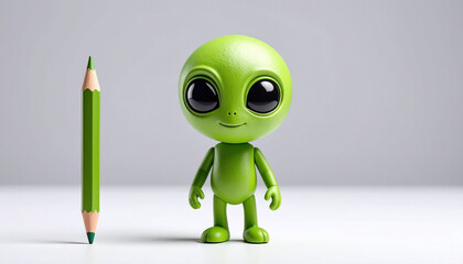 Cute alien character with a green pencil, combining playful design with creative stationery vibes. Ideal for digital art, educational themes, and whimsical illustration projects.