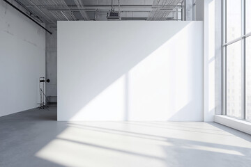 A large, blank, clean white wall in a modern studio, perfect for copy space