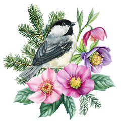 Chickadee bird with pink and purple winter flowers and pine branches watercolor botanical illustration