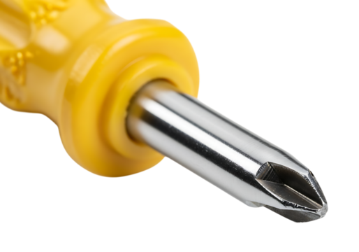 Close up of a bright yellow handled screwdriver with a silver metal tip against a black background