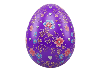 Intricately decorated purple easter egg adorned with floral patterns and hearts