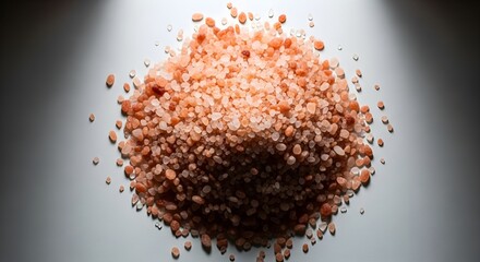 A pile of pink Himalayan salt on a white surface is illuminated.
