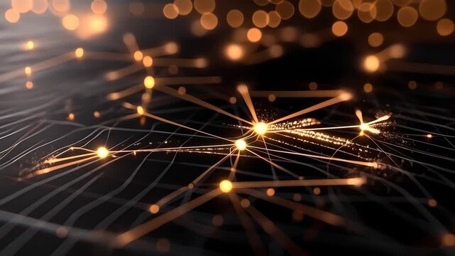 Futuristic network of glowing orange nodes interconnected by illuminated lines, forming a dynamic web of connectivity and data visualization in a dark abstract scene