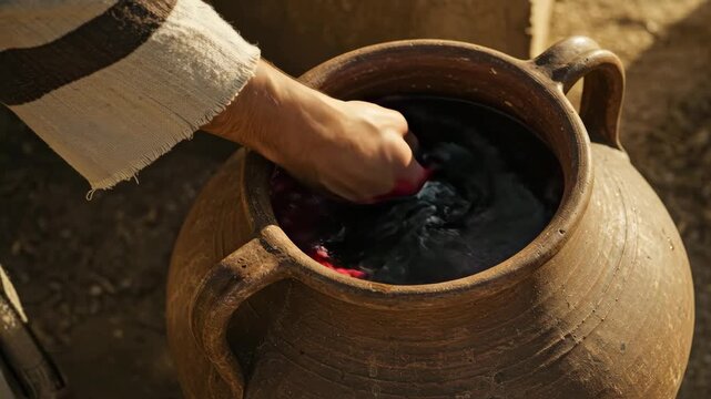 Man performing miracle changing water to wine in a jar as a biblical story event for christianity and evangelism