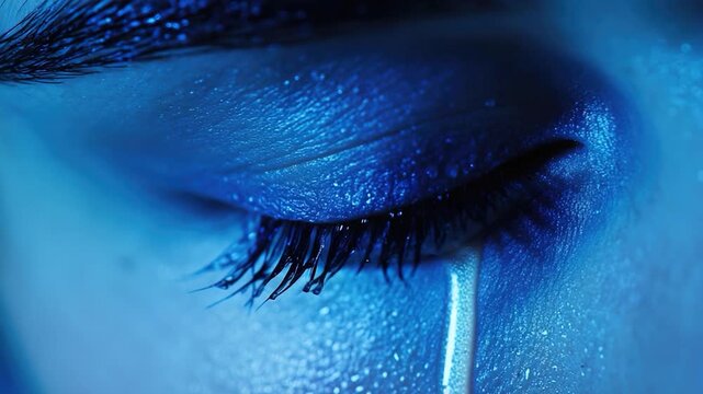 A close-up shot of an individual's eye with a single tear rolling down their cheek