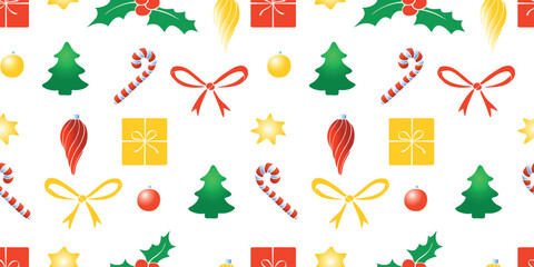 Vector seamless pattern of festive symbols - figures of Christmas trees, holly berries, presents, candy canes in flat style. Bright background and texture on theme New Year, xmas