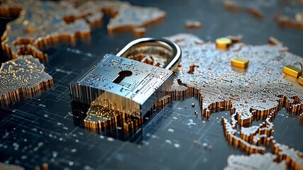 Secure digital lock placed on a world map, symbolizing cybersecurity and global protection efforts - Powered by Adobe