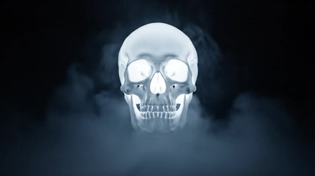 Pale, translucent skull surrounded by dark smoke against black backdrop