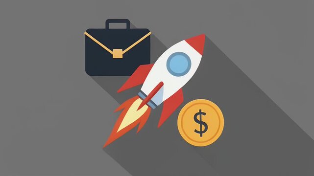 Business startup launch concept with rocket briefcase and money illustration