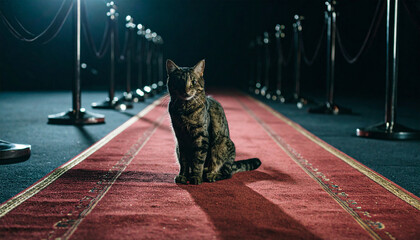 Adorable cat sitting on a red carpet, combining charm and elegance. Perfect for editorial use, pet themes, lifestyle projects, and creative digital illustrations.