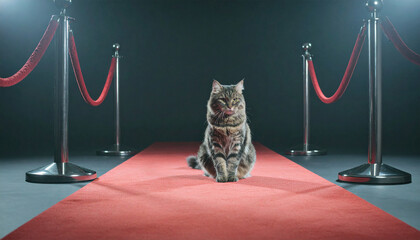 Adorable cat sitting on a red carpet, combining charm and elegance. Perfect for editorial use, pet themes, lifestyle projects, and creative digital illustrations.