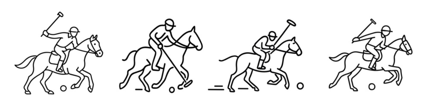 Horse polo players in action &ndash; equestrian sport icons with riders swinging mallets. Dynamic line style vector illustration.