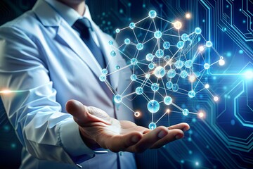 Scientist holding a digital molecule structure in his hand with circuit board