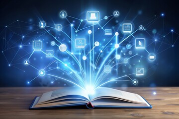Open book with glowing network of icons representing knowledge and learning
