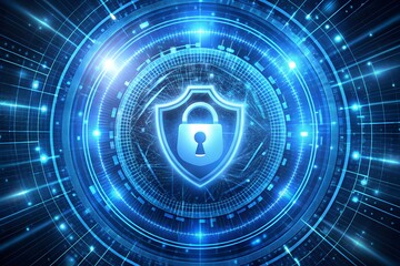 Digital shield with padlock representing cyber security and data protection