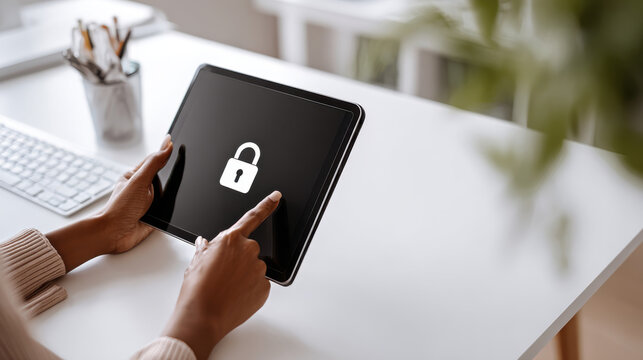 Woman using tablet with lock icon, symbolizing data protection and security. A person is shown interacting with a tablet, highlighting the importance of digital security and privacy