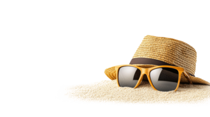 Straw Hat and Sunglasses on Sand  on transparent background