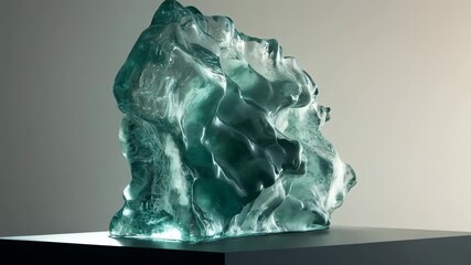 Close up of a teal ice block resting on a dark surface, reflecting light to reveal intricate cracks, bubbles, frost textures, and sculptural clarity under studio lighting