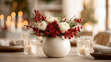 Elegant floral arrangement with candles creates a cozy, romantic atmosphere. This beautiful centerpiece is perfect for a romantic evening or a special celebration, creating a warm and inviting vibe